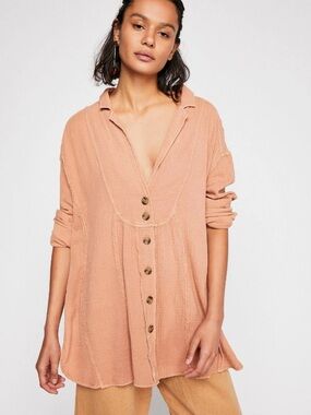 Free People All About The Feels Shirt medium Textured Peach Coral Button Down